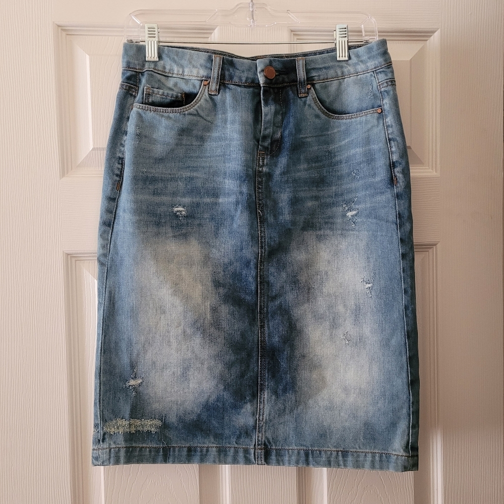 Blank NYC Distressed Light Blue Denim Midi Skirt